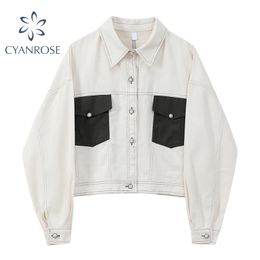 White Denim Jacket Stitched Pocket Lapel Single Breasted Streetwear Korean Jean Outwear Casual Loose Harajuku BF Coat Lady 210417