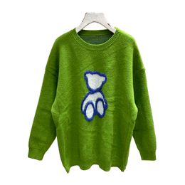 Green Grey Bear Sweater O Neck Knitted Pullovers Long Sleeve Winter Autumn Women M0414 210514