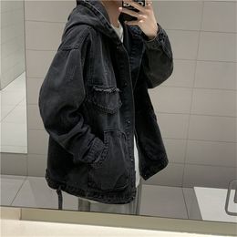 Casual Loose Mens Denim Jacket Spring Autumn Solid Korean Hooded Jacket Men High Quality Oversized Men's Jean Jacket X0710