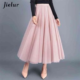 Jielur Skirts Womens Autumn 3 Layers Princess Tulle Mesh Pleated Skirt Saia Female Jupe Summer Tutu Skirts Faldas Mujer Moda 210412