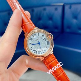 New Classic women cz Quartz watches orange leather Rose Gold Stainless steel geometric roman number Wrist watch 33mm