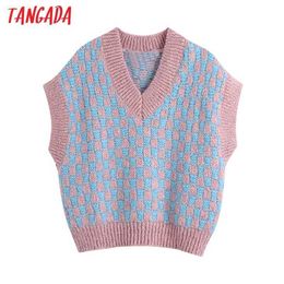 Tangada Women Fashion Oversized Plaid Knitted Vest Sweater V Neck Sleeveless Female Waistcoat Chic Tops BE115 210609
