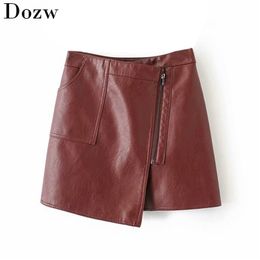 Pu Leather Asymmetrical Women Solid Skirt Fashion Ladies Zipper Mini Skirts Spring Summer Sexy Short Faux Clothing 210515