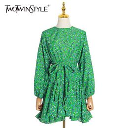 Elegant Print Women Dress O Neck Lantern Long Sleeve High Waist Lace Up Bow Ruffles Mini Dresses For Female Fashion 210520