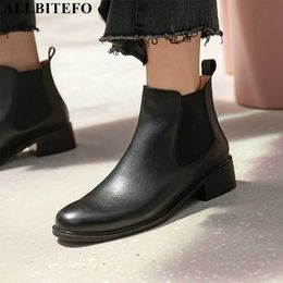 ALLBITEFO arrive genuine leather brand high heels ankle boots for women thick heels women boots autumn women high heel shoes 210611