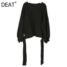 [DEAT] Autumn Winter Round Neck Long Sleeve Solid Colour Black Back Bandage Bow Loose Sweatshirt Women Fashion JE14101 210527