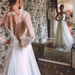 2021 White Dot Tulle Summer Wedding Dresses Long Sleeves Backless Beach Bridal wedding Gowns vestido de noiva