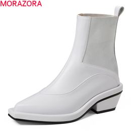 MORAZORA Genuine leather boots thick heels square toe fashion ladies shoes autumn winter black white ankle boots for woman 210506