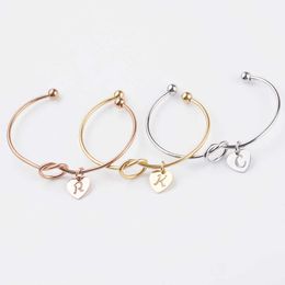 Stainless Steel A-z Disc Initial Letter Knot Bangle Bracelet for Women Girl Gold/ Rose Gold Silver Colour Love Letter Bangle Q0719