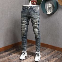 Italian Style Fashion Men Jeans High Quality Elastic Slim Fit Printed Designer Ripped Denim Trousers Streetwear Hip Hop Pants