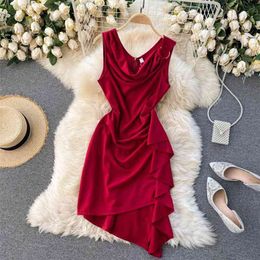 Spring Summer Fashion Women Hollow Out Sleeveless Pleated Ruffle Irregular Dress Solid Colour Vestidos R102 210527
