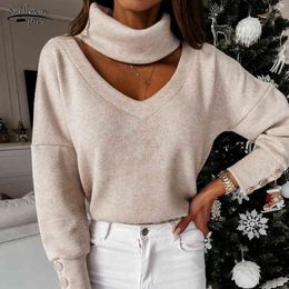 Spring Hollow Out V-neck Blouse Shirt Long Sleeve Loose Solid Female Top Blouses Office Lady Knitted Women Shirts Tops 12836 210518