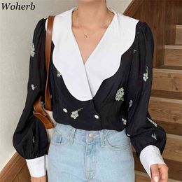 Korean Chic Retro Turn Down Collar Puff Long Sleeve Blouse Floral Embroidery Loose Blusas Casual Sweet Shirt Top 210519