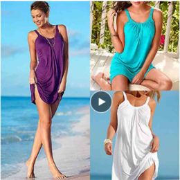 Women Dress Summer Solid Colour Casual Party Sleeveless Loose Beach Holiday Sundress Female Fashion O-Neck Mini Clothing 210522