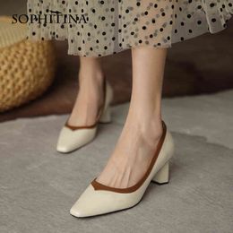 SOPHITINA Concise Women's Shoes Square Toe Thick Heel Colour Matching Retro Shoes Leather Handmade Spring Female Pumps AO169 210513