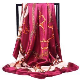 Scarves 90cm X Women Flower Belt Pattern Faux Silk Muslim Ramadan Hijab Headband Wrapped Shawl Scarf Cover Satin Female