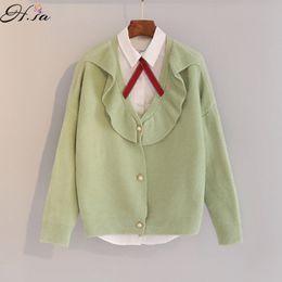 H.SA Women Cardigans Winter Fashion Korean Style Ruffles Poncho Knitted Jacket Casual Green Sweater Jumper 210417