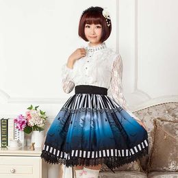 Original Design Japanese Gothic Dark Blue Halloween Themed Tree And Bat Printed Pleated Lolita For Girl Skirts