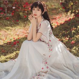 YOSIMI Summer Floral Embroidery Long Women Dress Evening Party O-neck Short Sleeve Femele Mesh Midi White Elegant 210604