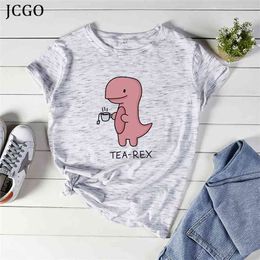 JCGO Women T Shirt Summer Cotton Plus Size 5XL Cartoon Dinosaur T-rex Print Short Sleeve O-Neck Casual Female TShirts Tops Tee 210720