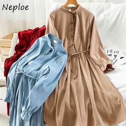 Neploe Sweet Tie Collar Faux Chammy Women Dress Chic Button A-line Dresses Vintage Elegant Drawstring Slim Waist Vestidos 210423