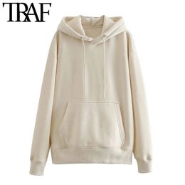 TRAF Women Fashion Loose Basic Fleece Hoodies Sweatshirts Vintage Long Sleeve Pockets Female Pullovers Chic Tops 210415