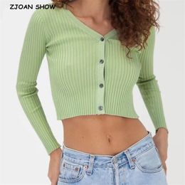 Retro Striped Line Rib Single-Breasted Buttons Long sleeve Sweater Women V neck Knitted Tight Cardigan Slim Cropped 210429