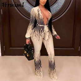 Women Rompers Deep V Neck Strappy Printing Long Sleeve Jumpsuit Hollow Out Backless Sexy Club Fashion Body Suits for 210513