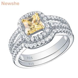 she 2Pcs 925 Sterling Silver Wedding Rings For Women Yellow Princess Cut AAAAA Zircons Engagement Ring Set Jewellery QR4871