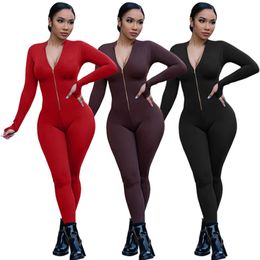 Women long sleeve Jumpsuits fall winter clothes plus size 2XL jumpers suit zipper front Rompers Casual black Overalls sexy skinny bodysuits red leggings 5872