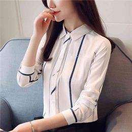 striped blouses shirt tops womens clothing chemise femme camisa Turn down collar Office Long sleeve blusas 620i 210420