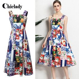 Designer Summer Dress Women Spaghetti Strap Casual Bohemian Floral print Holiday Elegant Midi Dresses camisole 210421