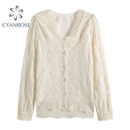 Women Lace Embroidery Elegant Blouse Vintage V Neck Cardigan Rok Shirt Office Ladies Party Loose Tops Chic Ulzzang Blusas 210417