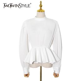 TWOTWINSTYLE White Tunic Shirt For Women Stand Collar Long Sleeve Elegant Blouse Female Fashion Clothing Autumn Style 210517