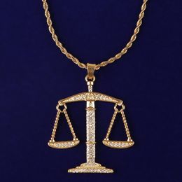 Balance Scales Pendant Full Cubic Zircon Iced Out Men's Hip Hop Rock Jewelry Gold Silver Color