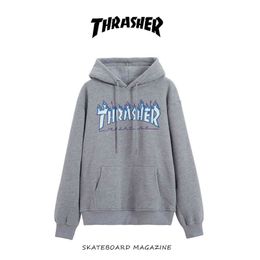 Thrasher Ice Fire Flame Sweater Hooded Wang Yibo039s Same Men039s and Women039s Loose Pullover 847