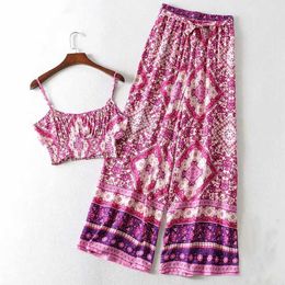 Boho Inspired Floral Print 2 Piece Set Vintage sleevless Short Tops Elastic Maxi Pant Summer Beach Boho Casual 2021 Women Sets Y0625