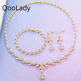 QooLa Luxury Gold Colour 3pcs White Cubic Zirconia Drop Earring Necklace Bracelets for Women Dress Noble Wedding Jewellery Set Z034 H1022