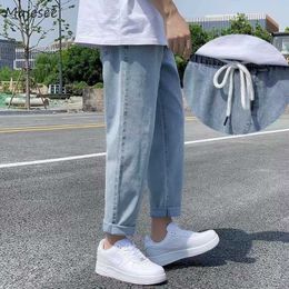 Men Jeans Harem Denim Retro Trousers Vintage Solid Blue Elastic Waist Harajuku Korean Style Ulzzang Fashion Streetwear Chic New X0621