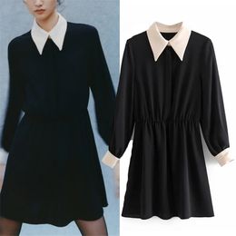 Contrast Black Mini Dress Women Vintage Long Puff Sleeve Short Woman Elastic Waist Office Ladies Elegant es 210519