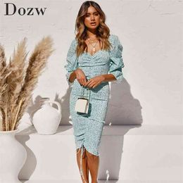 Moda Mulheres Ruched Dress V Neck Elastic Bodycon Bandagem Elegante Ladies Midi Plissado Party ES 210515