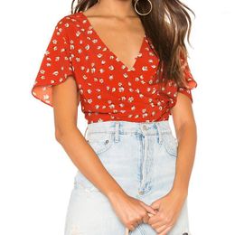 Women's Blouses & Shirts 2021 Spring Women Chic Floral Print Short Blouse Female Red Fashion V-neck Sleeve Shirt Young Lady Beach