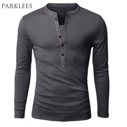 Unique T shirt Men Brand Single Breasted V Neck Long Sleeve Henley Shirt European Fashion Dark Grey Tee Shirt Men T-shirt XXL 210409