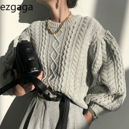 Ezgaga Sweater Jumper Women Korean Chic Autumn Winter O-Neck Lantern Sleeve Oversize Outwear Warm Pullover Thick Lady Knit Tops 210430