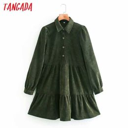 Tangada Women Green Corduroy Shirt Dress Turn Down Collar Long Sleeve Ladies Mini Dress Vestidos XN157 210609