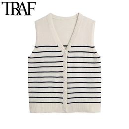 Women Fashion Button-up Striped Knitted Vest Sweater Vintage V Neck Sleeveless Female Waistcoat Chic Tops 210507