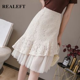 Spring Summer Women's Lace Mesh Patchwork Midi Wrap Skirts Korean OL Style High Waist A-Line Ladies 210428