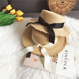 Luna&dolphin Handmade Women Summer Sun Hat Beach Raffia Panama Straw Cap Big Brim Black White Bow Ribbon Temperament Flat Uv Cut