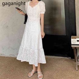 Summer White Dress Female Elegant Fairy Off Shoulder Party Puff Short Sleeve Lace Maxi Women Clothes 210601