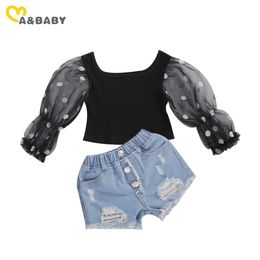 1-6Y Toddler Baby Kid Girls Clothes Set Autumn Spring Long Sleeve Lace Puff T shirt Denim Shorts Outfits 210515